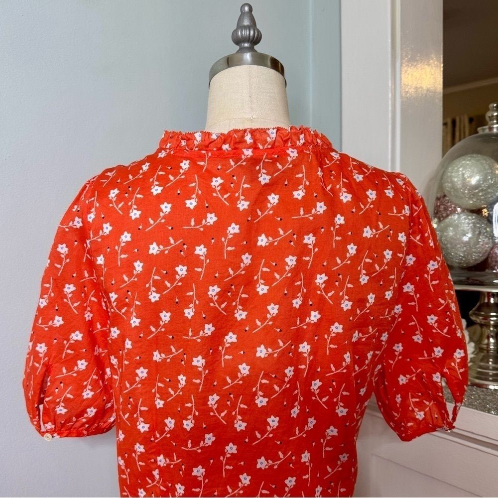 Talbots Ruffle Popover Blouse Scattered Blossoms Orange with White Flowers Large - Picture 7 of 10